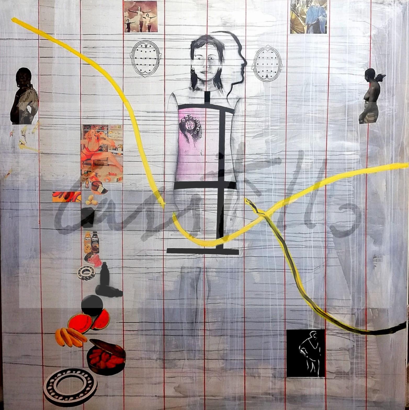 nº 175 2006 Mujeres, acrílico, óleo y foto sobre tela, 200 x200 cm, firma NO marco NO Catálogo El Limbo de las Cosas II