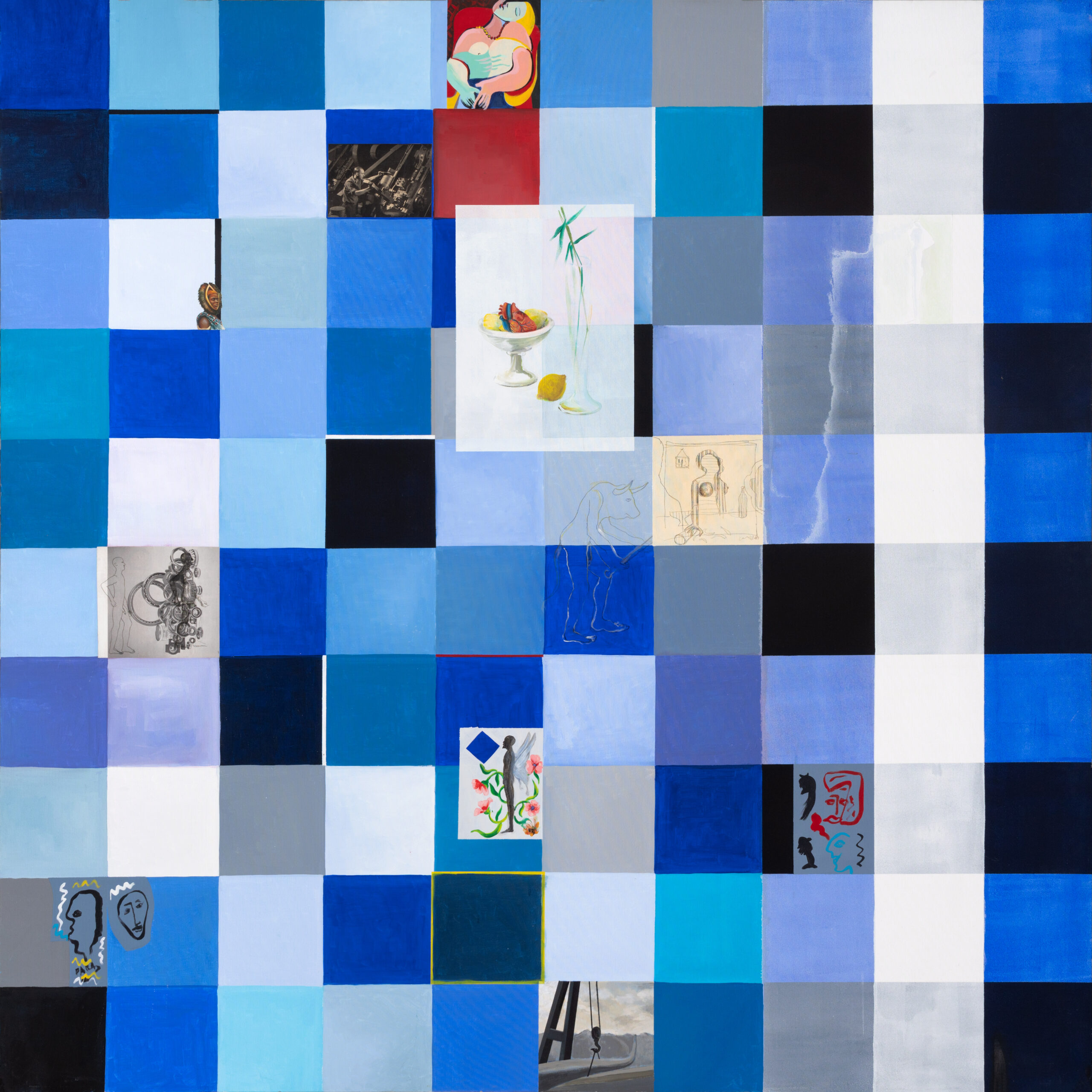 nº 141 2002 El Inquilino Elemento VI, acrílico, óleo y fotografía, 200 x 200 cm, firma detrás, marco NO CATÁLOGO El Limbo de las Cosas